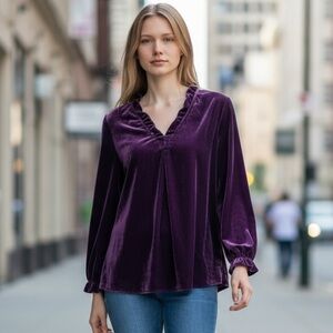 🌻Habitat Purple Velvet Flounce Ruffled Collar Long-Sleeve Top Size Small